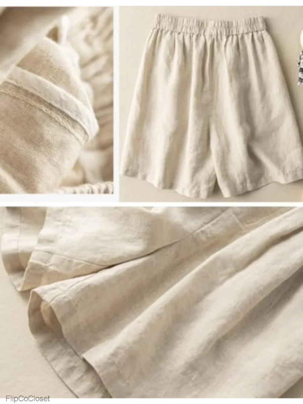 Wide Leg Linen Shorts Elastic High Waisted Pleated Loose Casual Comfy - Picture 2 of 3